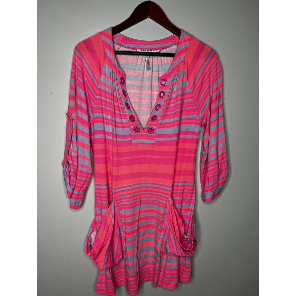 Nanette Lepore Swim Cover Up Womens XS Pink Striped Grommet Tunic Dress Poolside